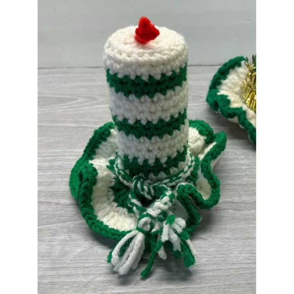Vtg 70s Crocheted Christmas Candles With Flames Lot of 2 Green White Handmade - Picture 3 of 9